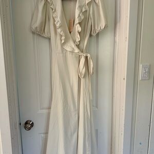 Hutch Cream Maxi Dress with Puff Sleeves and Plunge Neckline